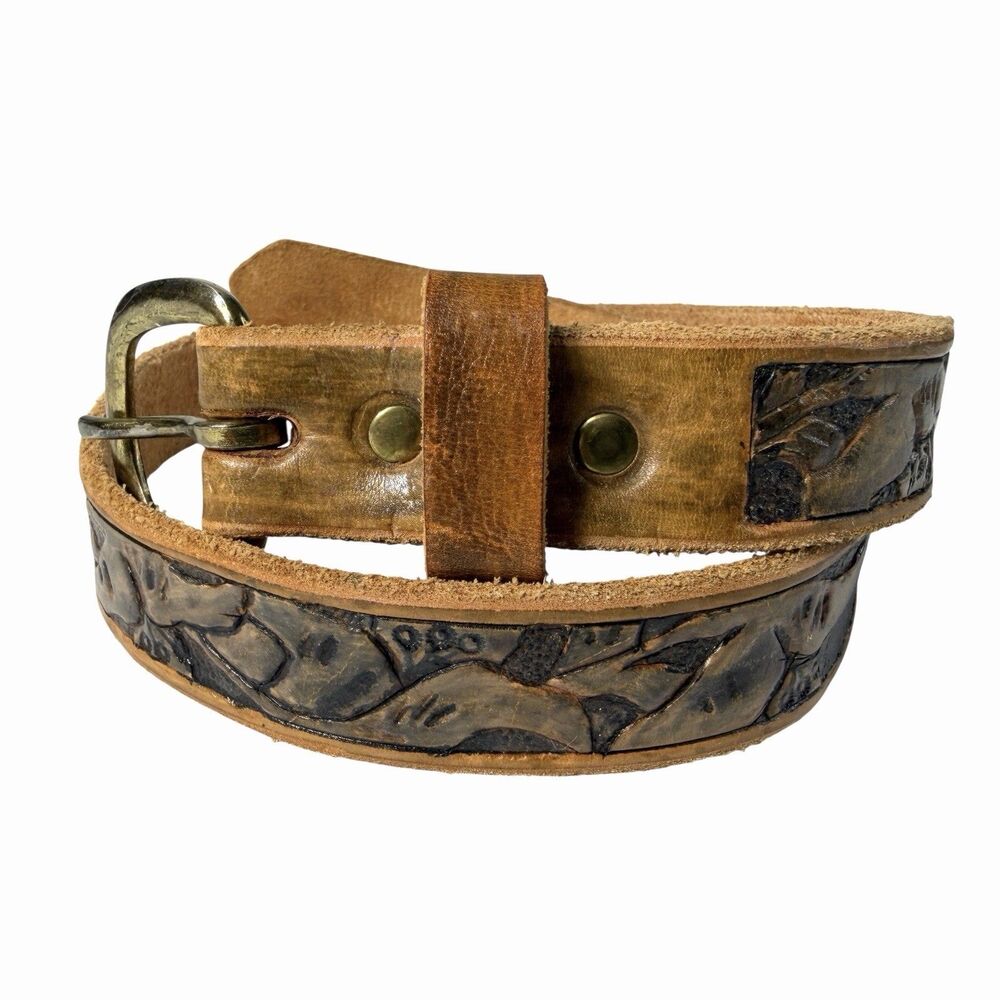 Vtg Western Tooled Top Grain Leather Belt Women's Brass Buckle Small Sz S 23-27
